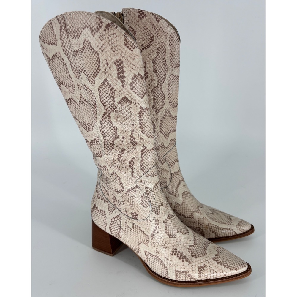 Matisse Addison Knee-High Boots Beige Brown Women Size 6.5 Snakeskin Block Heel